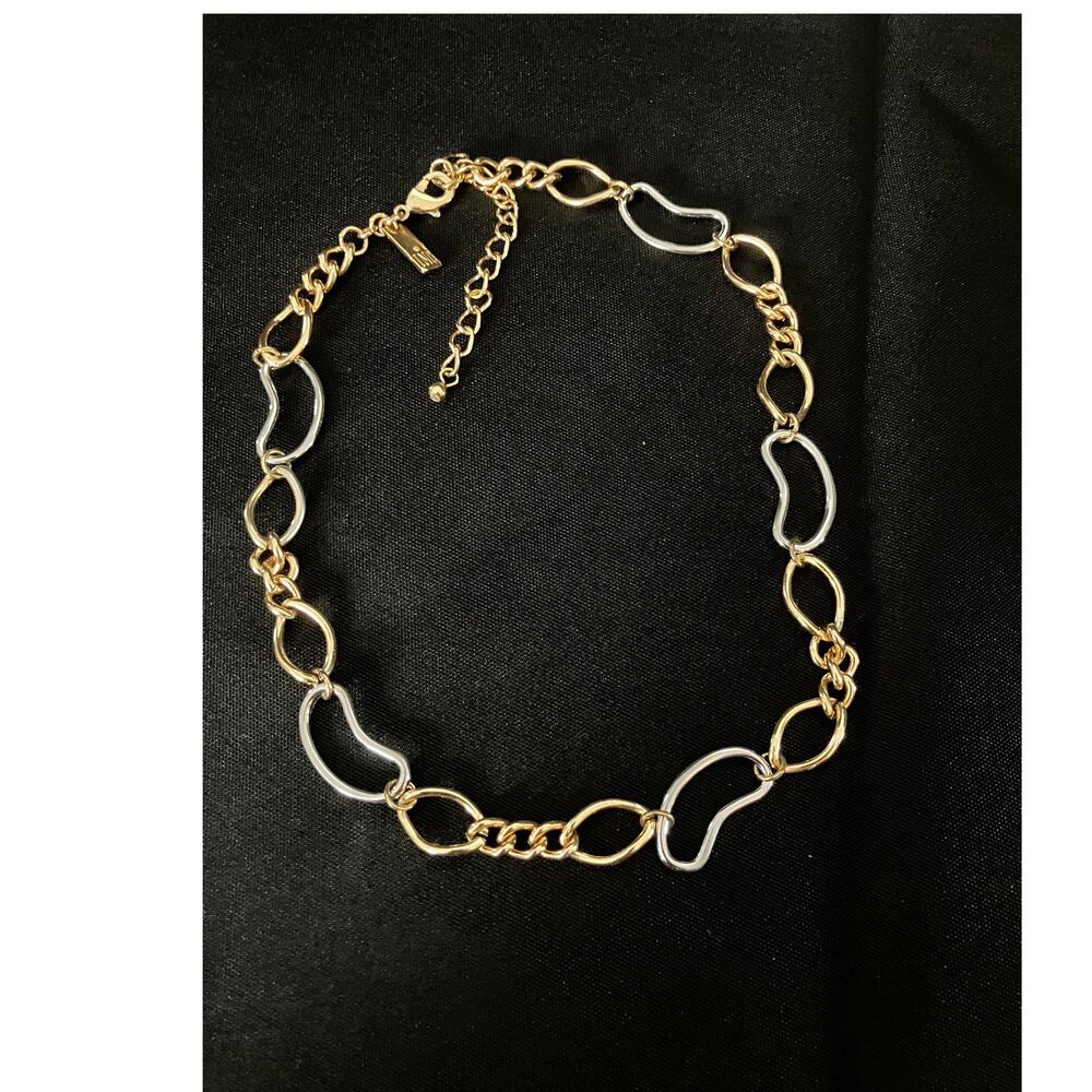 INC Wavy Chunky Choker Necklace Silver & Gold Tone Statement Chain